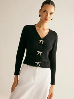COMMENSE Ribbed Rhinestone Bow Slim Cardigan* Cardigans|Sweaters & Cardigans