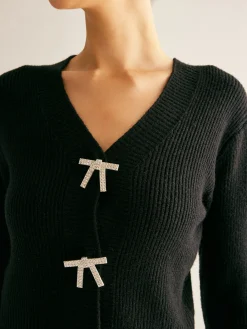 COMMENSE Ribbed Rhinestone Bow Slim Cardigan* Cardigans|Sweaters & Cardigans
