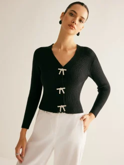 COMMENSE Ribbed Rhinestone Bow Slim Cardigan* Cardigans|Sweaters & Cardigans