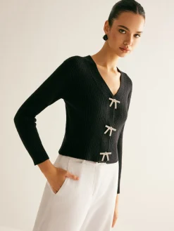 COMMENSE Ribbed Rhinestone Bow Slim Cardigan* Cardigans|Sweaters & Cardigans