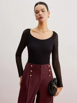 COMMENSE Ribbed Sheer Sleeve Sweater* Sweater Tops|Sweaters & Cardigans