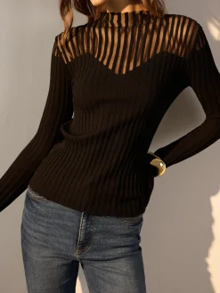 COMMENSE Ribbed Sheer-Shoulder Knit Top* Sweater Tops|Sweaters & Cardigans