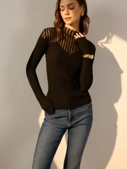 COMMENSE Ribbed Sheer-Shoulder Knit Top* Sweater Tops|Sweaters & Cardigans
