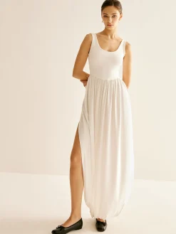 COMMENSE Ribbed Side Split Pleated Tank Dress* White Dresses|Summer Dresses