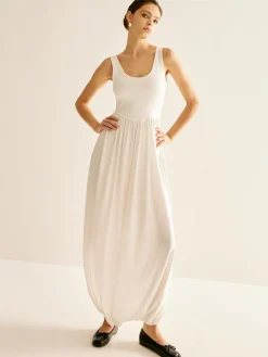 COMMENSE Ribbed Side Split Pleated Tank Dress* White Dresses|Summer Dresses