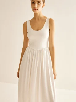 COMMENSE Ribbed Side Split Pleated Tank Dress* White Dresses|Summer Dresses