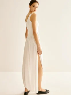 COMMENSE Ribbed Side Split Pleated Tank Dress* White Dresses|Summer Dresses