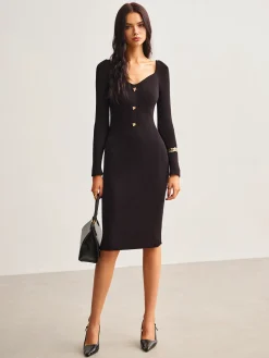 COMMENSE Ribbed Slim Sweater Midi Dress* Black Dresses|Sweater Dresses
