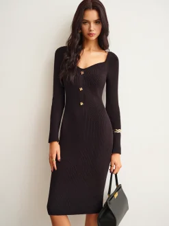 COMMENSE Ribbed Slim Sweater Midi Dress* Black Dresses|Sweater Dresses