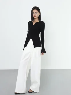 COMMENSE Ribbed Split Ruffle Knit Top* Sweater Tops|Sweaters & Cardigans