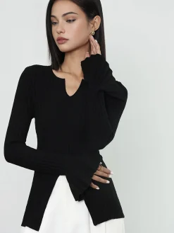 COMMENSE Ribbed Split Ruffle Knit Top* Sweater Tops|Sweaters & Cardigans