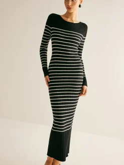 COMMENSE Ribbed Striped Panel Sweater Dress* Black Dresses|Sweater Dresses
