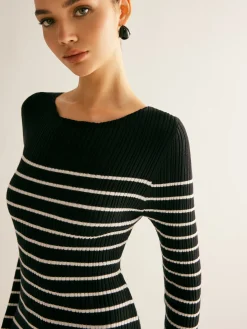 COMMENSE Ribbed Striped Panel Sweater Dress* Black Dresses|Sweater Dresses