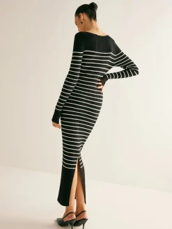 COMMENSE Ribbed Striped Panel Sweater Dress* Black Dresses|Sweater Dresses
