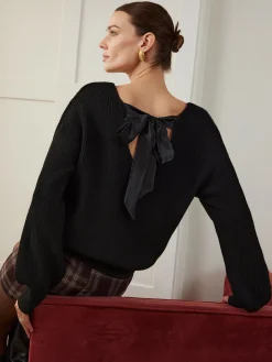 COMMENSE Ribbed V-Neck Bow Sweater* Sweater Tops|Sweaters & Cardigans