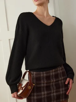 COMMENSE Ribbed V-Neck Bow Sweater* Sweater Tops|Sweaters & Cardigans