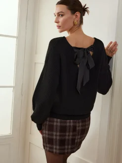 COMMENSE Ribbed V-Neck Bow Sweater* Sweater Tops|Sweaters & Cardigans