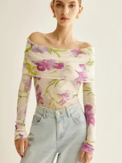 COMMENSE Romance Off-Shoulder Printed Knit Top* Sweater Tops|Sweaters & Cardigans