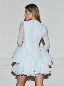 COMMENSE Romance Ruffle Sheer Dress* White Dresses|Black Dresses