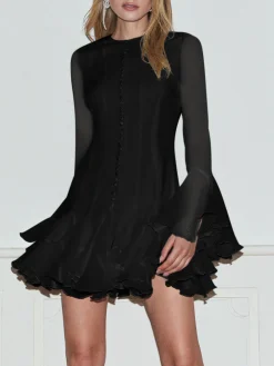 COMMENSE Romance Ruffle Sheer Dress* White Dresses|Black Dresses