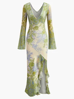 COMMENSE Romance V-Neck Printed Ruffle Dress* Cocktail & Party Dresses|Long Dresses