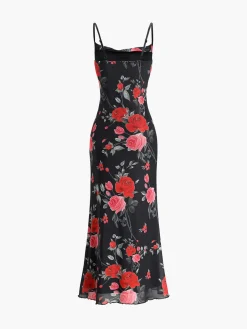 COMMENSE Roses Print Floral Cami Long Dress* Black Dresses|Casual Dresses