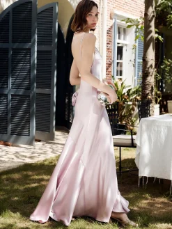 COMMENSE Rosette Pleated Backless Cami Long Dress* Cocktail & Party Dresses|Vacation Dresses