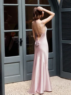 COMMENSE Rosette Pleated Backless Cami Long Dress* Cocktail & Party Dresses|Vacation Dresses
