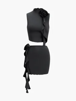 COMMENSE Rosette Ruffle Two Piece Skirt Set* Skirt Sets|Long Sleeve Sets