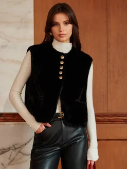 COMMENSE Round Neck Button Faux Fur Vest* Outerwear|Vests