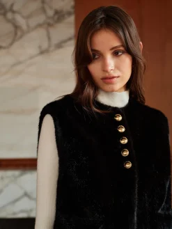 COMMENSE Round Neck Button Faux Fur Vest* Outerwear|Vests