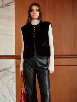 COMMENSE Round Neck Button Faux Fur Vest* Outerwear|Vests