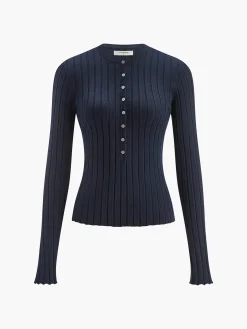 COMMENSE Round Neck Button Skinny Knit Top* Knitwear|Tops