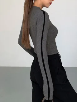 COMMENSE Round Neck Contrast Trim Slim Knit Top* Sweater Tops|Sweaters & Cardigans