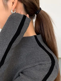 COMMENSE Round Neck Contrast Trim Slim Knit Top* Sweater Tops|Sweaters & Cardigans
