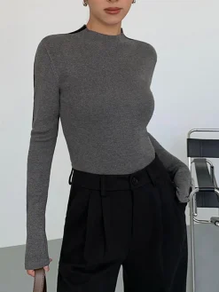 COMMENSE Round Neck Contrast Trim Slim Knit Top* Sweater Tops|Sweaters & Cardigans