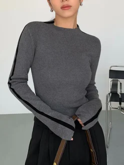 COMMENSE Round Neck Contrast Trim Slim Knit Top* Sweater Tops|Sweaters & Cardigans