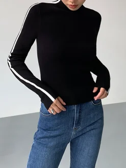 COMMENSE Round Neck Contrast Trim Slim Knit Top* Sweater Tops|Sweaters & Cardigans