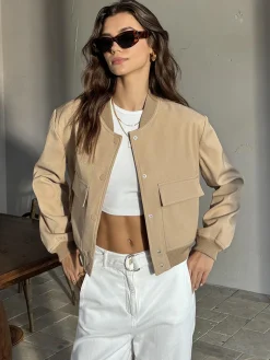 COMMENSE Round Neck Pockets Jacket* Outerwear|Jackets