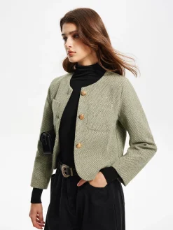 COMMENSE Round Neck Pockets Tweed Jacket* Outerwear|Jackets