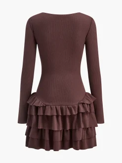 COMMENSE Round Neck Ruffle Slim Knit Dress* Sweater Dresses|Casual Dresses