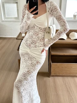 COMMENSE Ruched Lace Panel Long Dress* Cocktail & Party Dresses|Long Dresses
