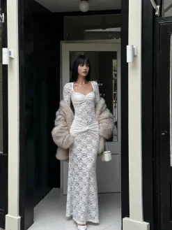 COMMENSE Ruched Lace Panel Long Dress* Cocktail & Party Dresses|Long Dresses