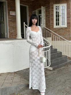 COMMENSE Ruched Lace Panel Long Dress* Cocktail & Party Dresses|Long Dresses