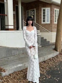 COMMENSE Ruched Lace Panel Long Dress* Cocktail & Party Dresses|Long Dresses