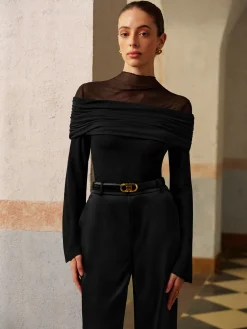 COMMENSE Ruched Mesh Panel Jersey Top* Tops