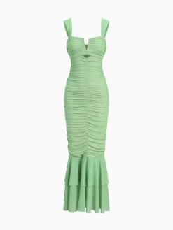 COMMENSE Ruched Mesh Zippered Long Dress* Cocktail & Party Dresses|Summer Dresses