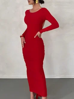 COMMENSE Ruched Open Back Long Sleeve Maxi Dress* Casual Dresses|Cocktail & Party Dresses
