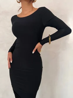 COMMENSE Ruched Open Back Long Sleeve Maxi Dress* Casual Dresses|Cocktail & Party Dresses