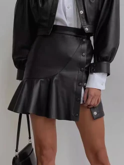 COMMENSE Ruffle Button Clasp PU Leather Skirt* Skirts|Bottoms